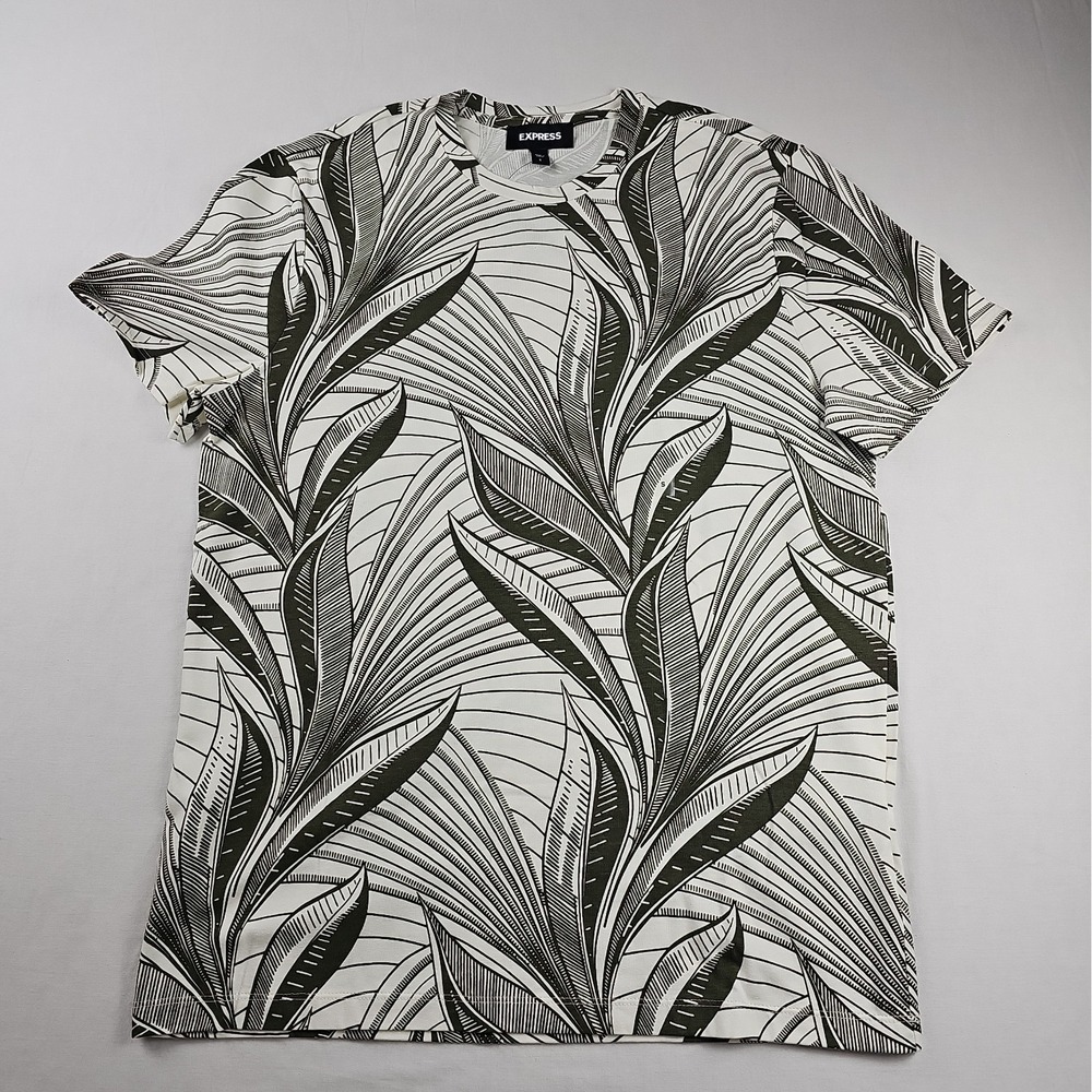 Express S Men's Tropical Leaf Green/White Crew Neck Short Sleeve Cotton Knit Tee